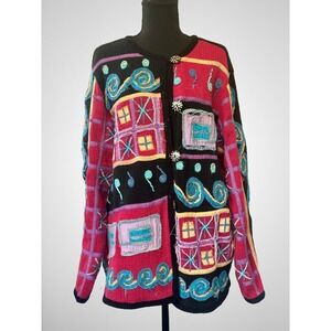 Vintage Alex Kim Art to Wear Patchwork Cardigan  Embroidered 100% Cotton